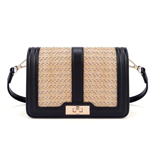 FALETO Straw Crossbody Bags for Women Summer Leather Stitching Straw Flap Bag Handbag Shoulder Clutch Purse