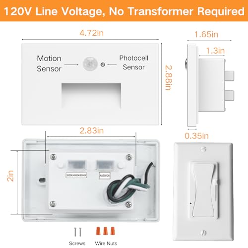 Image of 4 Pack 3CCT 120V Motion Sensor Step Lights with Dimmer Switch, White | Hardwired LED Stair Lights Indoor Outdoor, 5%-100% Dimmable, 3000K /4000K /6000K, 5W 500LM, IP65 Waterproof, Aluminum, ETL