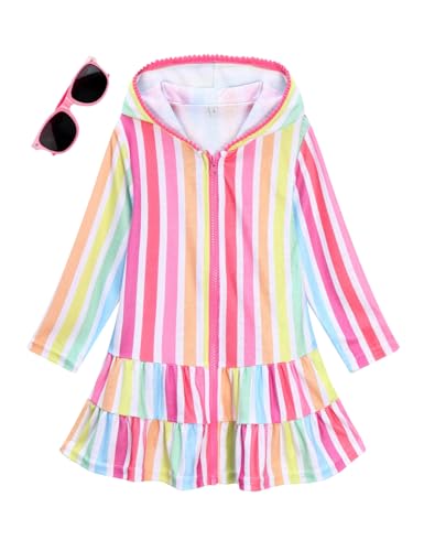 Image of Girls Swim Cover Up Kids Long Sleeve Swimsuit Coverup Terry Beach Pool Clothes with Sunglasses