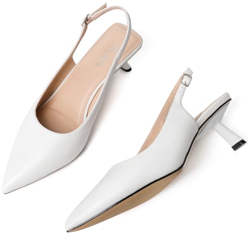 Image of Mostrin Kitten Heels for Women Pointed Toe Pumps Patent Leather Low Heel Slingback Heels with Buckle Dress Shoes for Dating Party Working