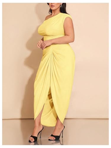 Image of Floerns Women's Plus Size Asymmetrical Neck Long Dress Ruched Slit Hem Cocktail Dress