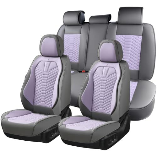 Coverado Leather Seat Covers, Car Seat Covers Full Set, Waterproof Nappa Leather Car Seat Cover, Car Seat Protectors 5 Seats, Gray & Purple Automotive Seat Covers Fit for Most Cars Trucks