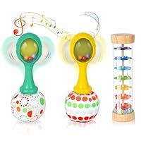 Baby Rattles 0-12 Months Newborn Toys Wooden Rain Stick & Rock Maracas, 3 Soft Musical Instruments Sensory Hand Grip Developmental Toy for Infant Babies Boy Girl Gifts