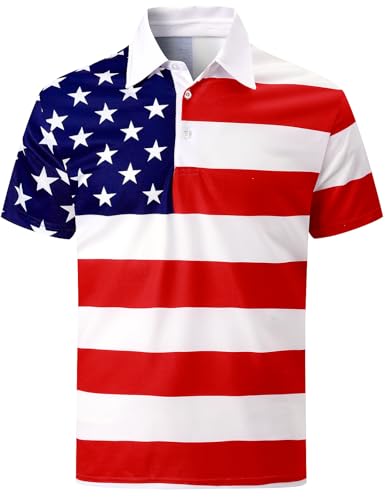 COSAVOROCK Chemises Drapeau Américain Polo pour Homme Tenue à Manches Courtes avec Imprimé USA, Blanc, XXL