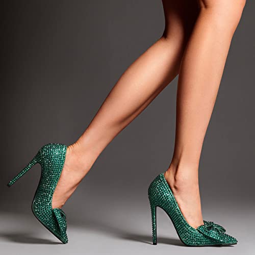 FSJ Women Fashion Pointed Toe Glitter Rhinestone High Heel Wedding Pump Sexy Slip On Stiletto Party Sparkly Prom Dress Shoe with Cute Bowknot Size 4-15 US4