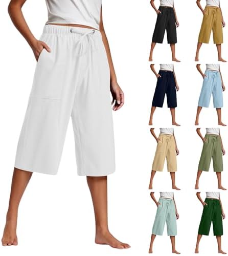 SCRRMZO Linen Capri Pants for Women Drawstring High Waisted Wide Leg Long Shorts Summer Business Beach Pants with Pockets