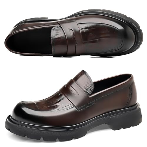 Men's Luxury Genuine Leather Platform Chunky Slip-on Penny Loafers Fashion Round Toe Lug Sole Patent Business Dress Shoes Classic Non-Slip Party Wedding Prom Work Shoes4