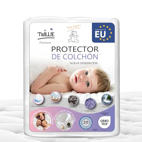Twillie - Protector de Colchón 80 x 160 cm Impermeable - Hecho en Europa - Oeko-Tex® - Aegis® - Transpirable - Hipoalergénico, Anti-Bacteriano, Anti-Acaros - Cubre Colchón 100% Polialgodón Blanco