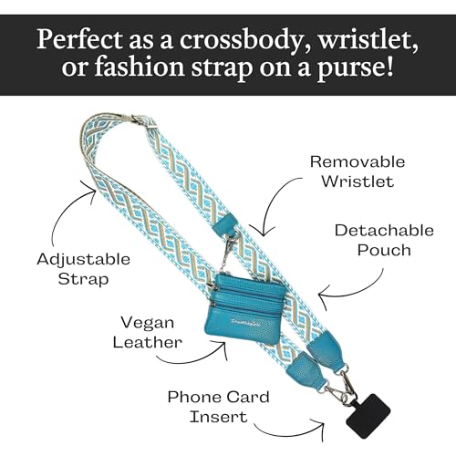 Image of Save the Girls XOXO Clip and Go Phone Strap (Peacock Blue - Peacock Blue Pouch) - Crossbody Phone Strap Chain with Zipper Wallet Pouch - Phone Lanyard Zippered