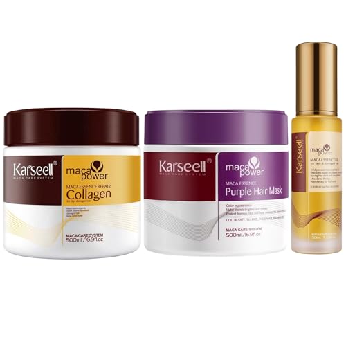 Karseell MACA CARE SYSTEM Mascarilla Colágeno + Mascarilla Violeta + Sérum Aceite Argán Cabello Seco Dañado Teñido Rubio Hidratante Reparador Matizador Profesional Antifrizz Suavidad Sin Sulfatos