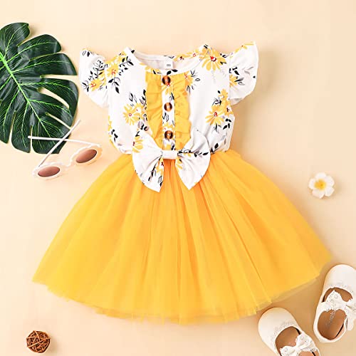 Onththr Toddler Baby Girls Tutu Dress Ruffle Sleeveless Splicing Floral Princess Dresses Summer Clothes Outfits (12 Months, Yellow) #TOP1