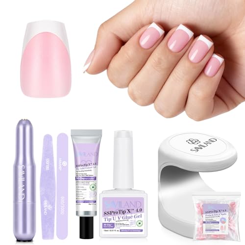SAVILAND Gel Nail X Kit with Everything: 16 Sizes French Tips Press On Nail Kit with Drill Coffin Tips Soft Gel Fake Nails with Solid Glue Gels U V Lamp Gels Glue French Tip Tool Home