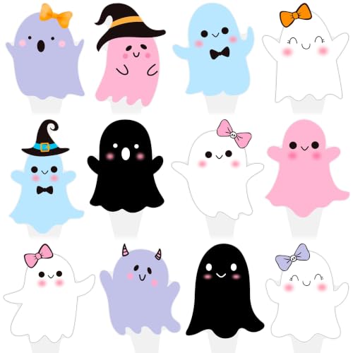 Halloween Party Ghost Cupcake Toppers 48PCS Ghost Cake Decorations Soft Color Ghost Baby Shower Decorations Lovely Ghosts Cupcake Picks for Birthday Party Supplies