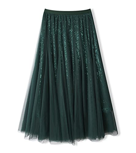 Sequin Long Tulle Skirt Layered Flowy Fairy Sparkle Party Mesh Tea Length Big Hem Skirts for Women - Main Image