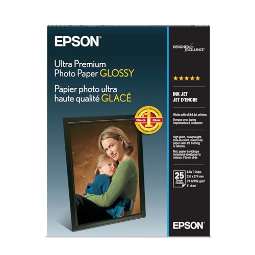 Epson Ultra Premium Photo Paper Glossy, Letter, 8.5 x 11, 25 Sheets (S042182), White