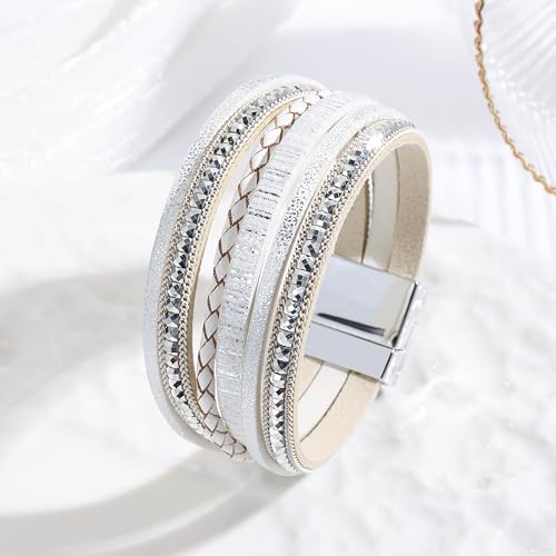 VIBILIA Handmade Boho Leather Wrap Bracelets for Women - Trendy Multi-Layered Jewelry with Durable Clasp - Chic White Design - Image 2