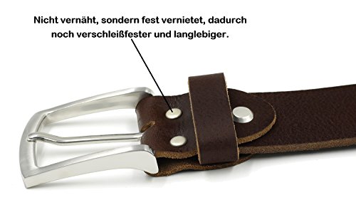 Fa.Volmer ® Pasek męski skórzany pasek ze skóry bawolej dla mężczyzn, dżinsy, garnitur, prawdziwa skóra, brązowy, szerokość 38 mm, skracalny #GBr40Narb, brązowy, Talia 115cm = Długość 130cm