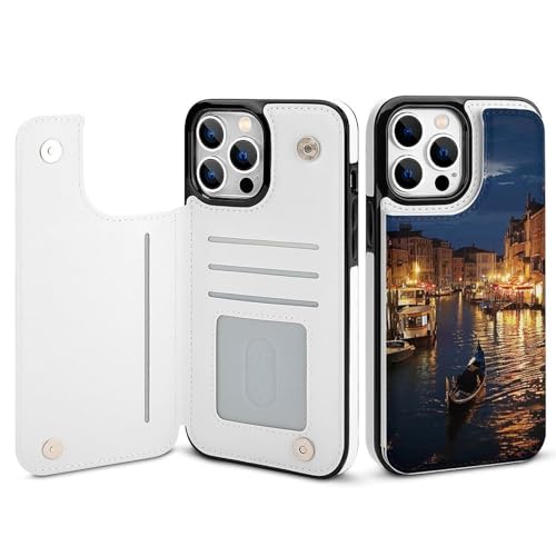 HKMNLEW Venice Night Print Flip Phone Wallet Case iPhone 13 Pro Max�p PU���U�[���C�ϏՌ��d�b�P�[�X�J�o�[ �J�[�h�z���_�[�t��