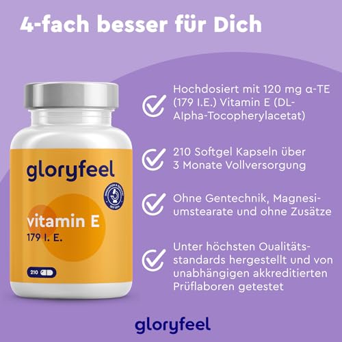 Vitamin E Kapseln - Stabilster Premium Rohstoff (DL-alpha-Tocopherylacetat) - Bioaktives Vitamin E 179 IE - Hochwertige 210 Kapseln für 100 Tage Vollversorgung - Laborgeprüft – Bild 4