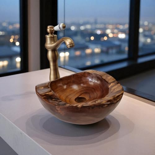 Kinaree Lavabo redondo de madera de teca único, cuenco de madera de 30 cm de...