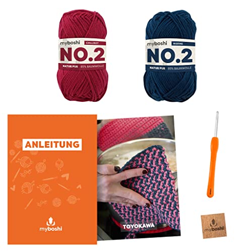 myboshi Häkelset Topflappen Toyokawa, inkl. No.2 Wolle, Nadel und Anleitung, Häkelpaket, 85% Baumwolle, 15% Kapok Rot,Blau, mit Häkelnadel