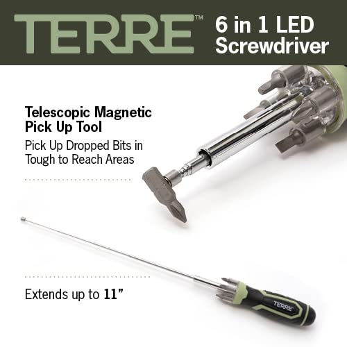 Terre Products, 6 In 1 Multitool Screwdriver, Nut Driver, All In One Screwdriver With Flashlight And Telescopic Magnetic Pick Up Tool, Multi Bit Screw Driver #TOP4