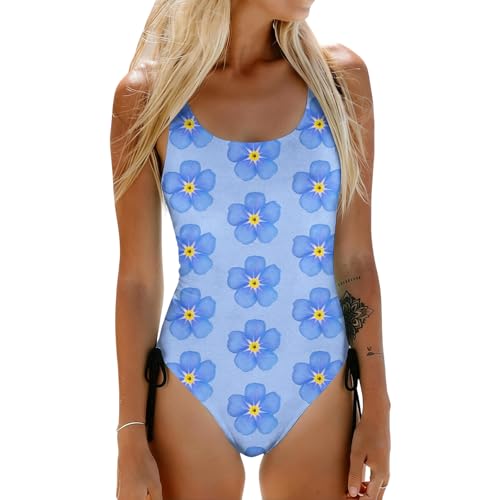 Klassischer Einteiliger Badeanzug Damen mit Blumenmuster Schlankmacher Shaping Effekt Bequeme Passform Elastisch Formstabil und Schnelltrocknend am Wasser für Jedes Alter Blau L