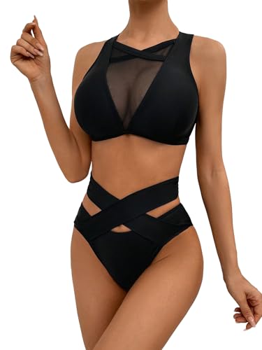 GORGLITTER Women's Mesh Tankini Bathing Suits 2 Piece High Waisted Thong Bikini Sets Tummy Control Swimsuits Swim Wear