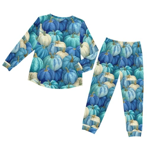 Blue Teal Pumpkins Autumn Soft Pajama Set for All Seasons,Breathable Pjs Long Sleeve Sleepwear,Comfy Loungewear 2 Piece Underwear Set 8T2