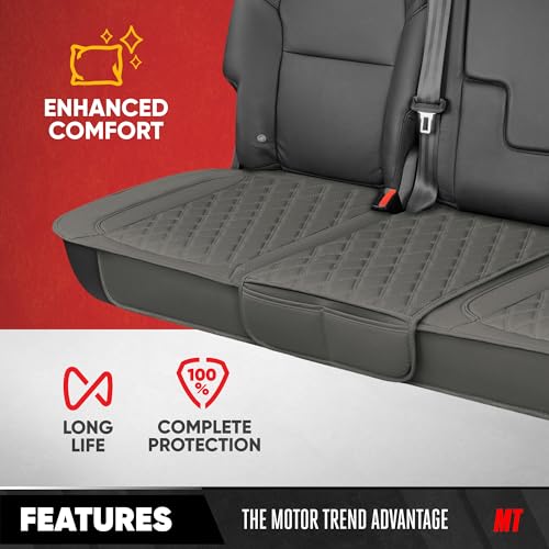 Image of Motor Trend Rear Seat Cushion - Gray Diamond Stitched Faux Leather Rear Seat Cover for Cars, Trucks, SUVs - Padded, Waterproof, Non-Slip Back Seat Cover with Storage Pockets