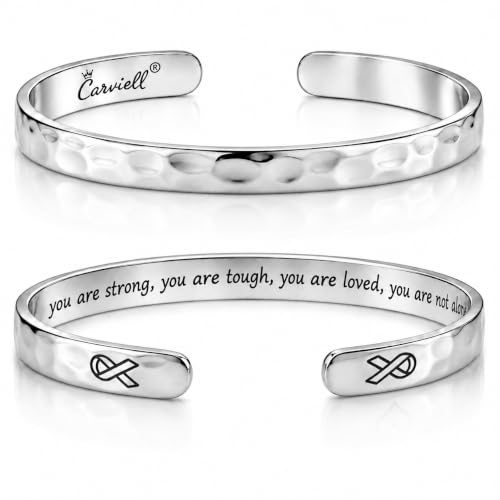 Carviell Cancer Support Bracelet for Women – “You Are Strong, You Are Tough, You Are Loved, You Are Not Alone” Engraved Cuff, Encouragement Gift for Cancer Fighter Warrior Survivor, St. Steel Bangle
