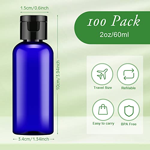 100 Pack 2 oz Plastic Empty Bottles with Flip Cap Travel Size Containers with Flip Cover Cap Plastic Squeeze Bottles Refillable Dispensing Bottles with 5 Funnels Liquid Lotion for Travel (Blue) - Image 3