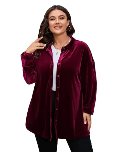 WDIRARA Women's Plus Size Button Front Long Sleeve Collar Velvet