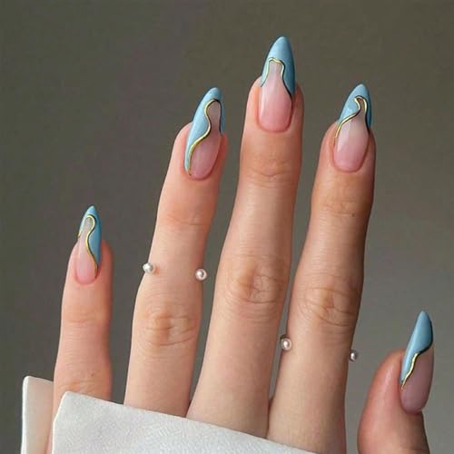 24 Press On Nails, Blue Ripple Design with Gold Edge, Stick On Nails for Women, Artificial Nails Extensions Kit for Weddings, Parties, Everyday Fashion