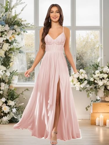 Women's Chiffon Bridesmaid Dresses with Slit Spaghetti Straps V Neck Maxi Formal Dress OE573