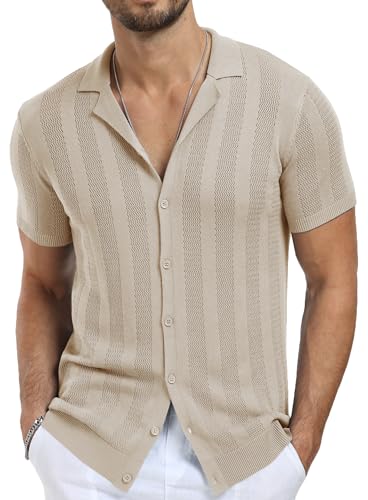 NITAGUT Men's Vacation Beach Shirts Knit Cuban Collar Mesh Button Down Short Sleeve Shirt,Khaki,Medium