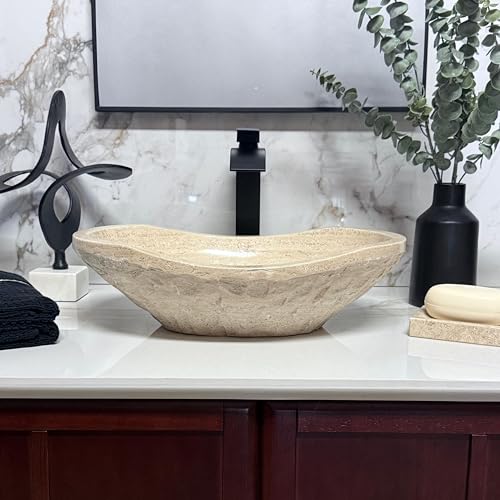 Natural Tan Travertine Vessel Sink – Modern Rustic Chiseled Oval ...