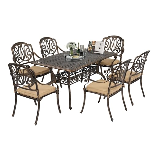 VINGLI 7 Pieces Outdoor Dining Set, Cast Aluminium All-Weather Patio Dining Set for 6 with Umbrella Hole, Outdoor Dining Table and Chairs with Cushion for Yard, Garden, Porch and Poolside, Bronze