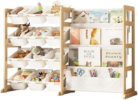 Toy Storage Organizer with Bookshelf – 12 Storage Bins 4-Tier Multipurpose Shelf to Organize Toys and Books for Kids Room, Playroom, Nursery Room, White