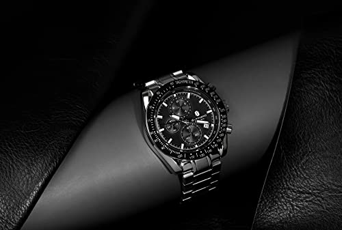 Image of BENYAR Men's Watches Chronograph Watch for Men Multifunction Black Waterproof Sport Fashion Quartz Wristwatches Calendar with Stainless Steel Strap