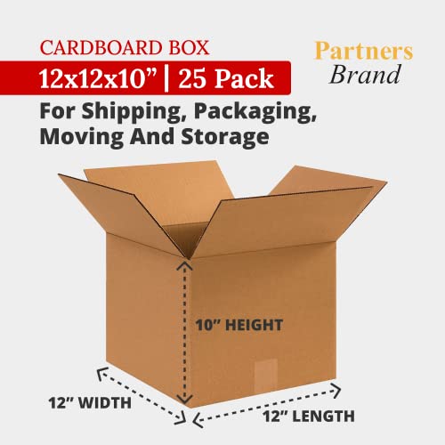 Image of Partners Brand 12x12x10 Corrugated Cardboard Boxes, 14 inchL x 14 inchW x 2 inchH , Pack of 25 | Shipping, Packaging, Moving, Storage Box for Business, Strong Wholesale Bulk Boxes 121210