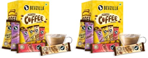 Image of Bevzilla 96 Instant Coffee Powder Sachets(4 Flavours) - 192 Grams | Hazelnut, Classic, Vanilla & Butterscotch | 24 pouches Each Flavour | Arabica Coffee | for Espresso, Latte,Cappuccino | Hot & Cold Brews