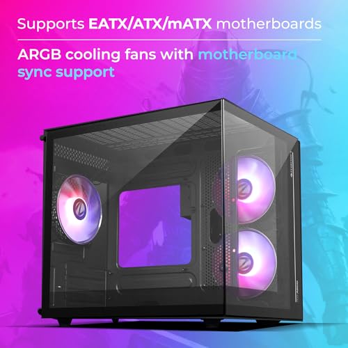 Image of ZEBRONICS Argo Cube Form Factor Gaming Cabinet with Micro ATX, ITX, 2X 120mm Side + 120mm Rear Fan (ARGB Inner Glow), Tempered Glass Front & Side Panel, Type C(Black)