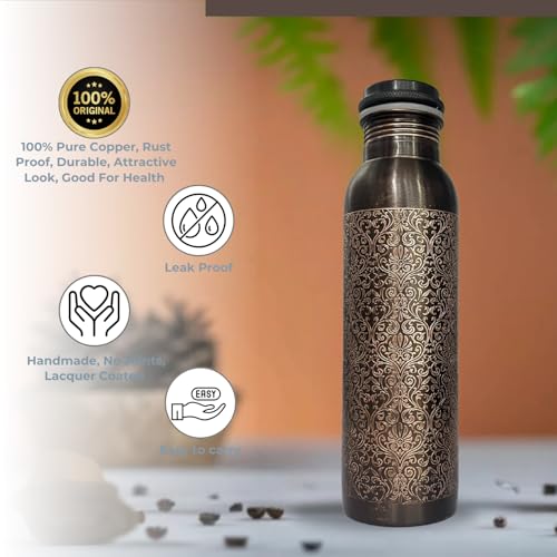 Image of Copper Water Bottle 1 Ltr | Copper Water Bottle with Glass Set | Meena Work | 100% Pure | Leak-Proof | 2 Water Glass 300ml each | Best for Gifting ((Dark Brown Design))