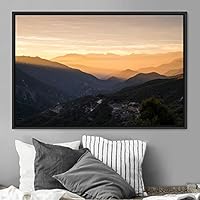 Framed Canvas Wall Art Orange Sunset Abstract Aerial Colorful Digital Art Landscape Minimalist Mountain Top Multicolor - 16x24 inches