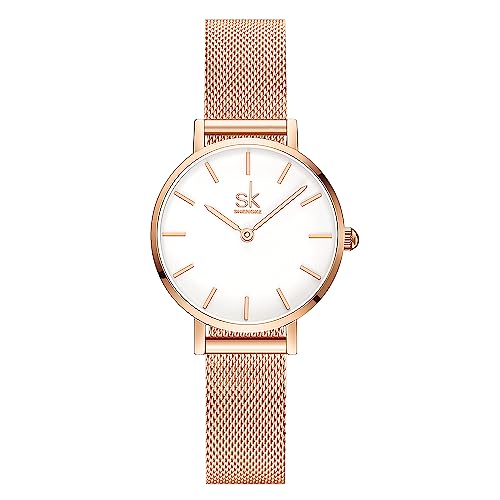 SHENGKE SK Ultra Thin Minialist Mujeres Relojes Simple Dos Manos Señoras Vestido Reloj Correa de Cuero (Rosegold-Mesh)