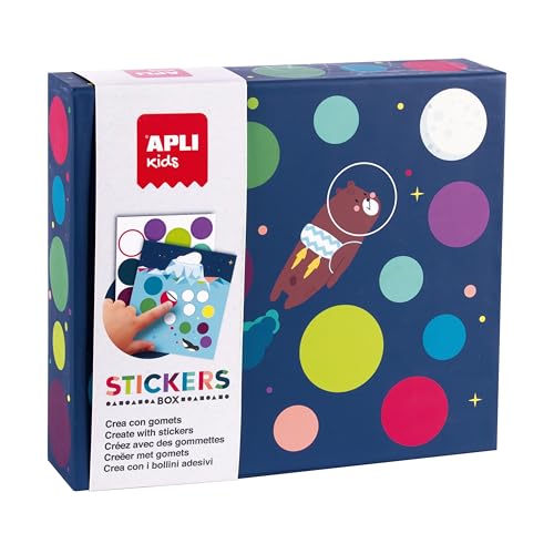 APLI Kids 19140 - Juego de gomets de distintas formas en caja de cartón modelo FLY ON THE MOON - Juego de pegatinas para completar las ilustraciones