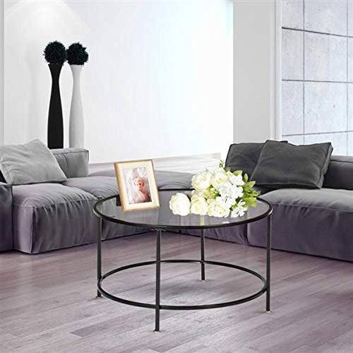 2 Layers 5mm Thick Tempered Glass Round Table, Countertops Round Wrought Iron Coffee Table, Home Office Furniture Creative Design Table for Living Room, Black