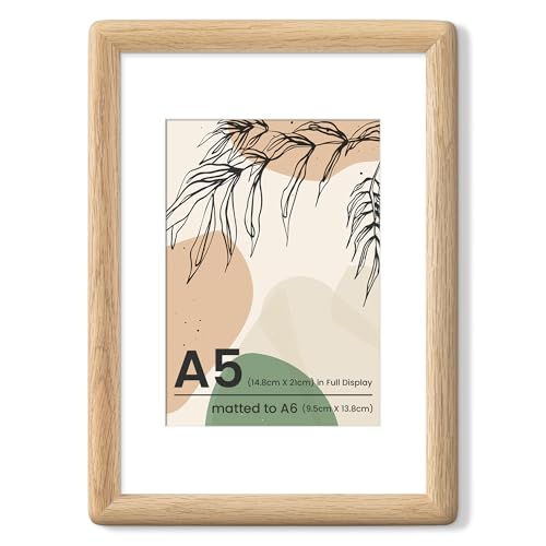 Axeman A5 オーク材木製フォトフレーム、丸みを帯びた角、ほぞ組構造、A6サイズの写真用マット付き（フレーム外寸A5）、強化ガラス、卓上飾り対応