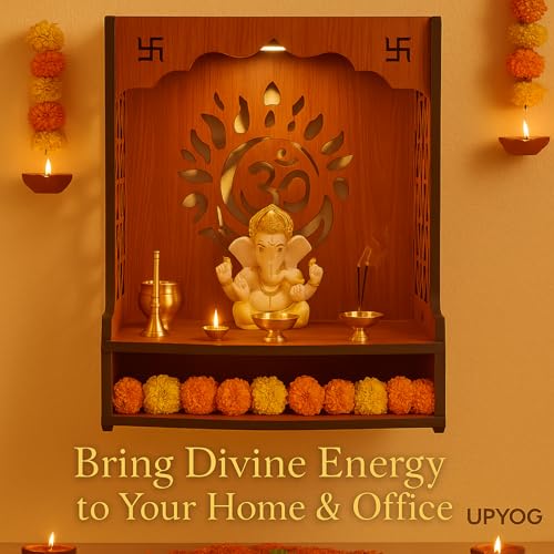 Image of UPYOG Wooden Pooja Stand for Home | Wall Mounted Temple Mandir with LED Spot Light | Compact Puja Mandir for Home & Office (15.5 x 11.5 x 11 Inch)
